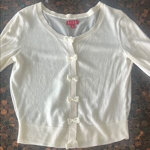 White Bow-Button Cardigan with Sheer Mesh Back